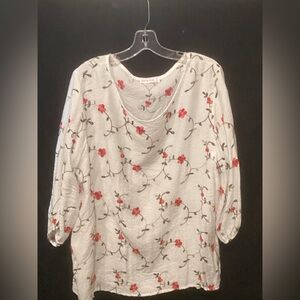White Floral Embroidered Blouse with Pink Flowers